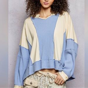 NEW POL : Cream & Light Blue Colorblock Women's Pullover Sweatshirt Top